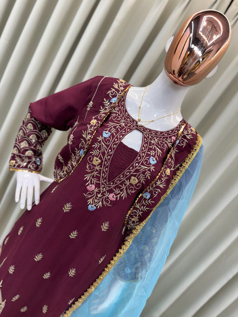 DESIGNER WEAR TOP WITH KOTI SEQUANCE  EMBROIDERED WORK AND PANT WITH DUPATTA