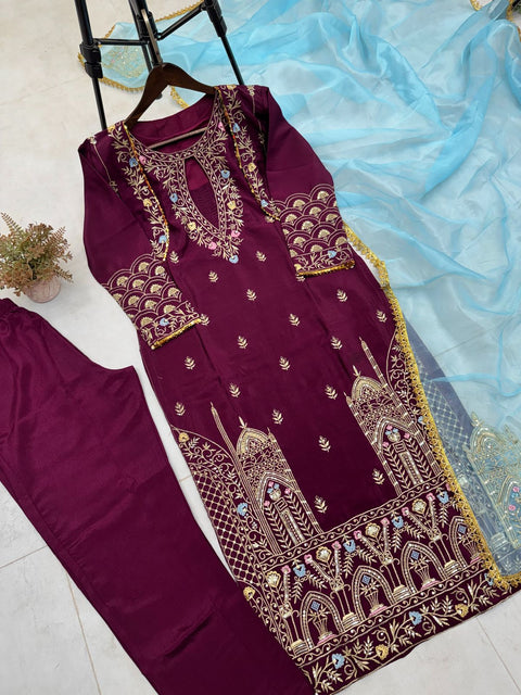 DESIGNER WEAR TOP WITH KOTI SEQUANCE  EMBROIDERED WORK AND PANT WITH DUPATTA