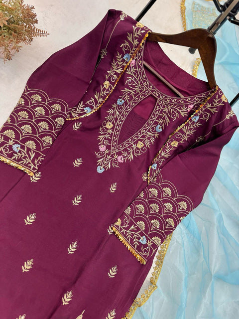 DESIGNER WEAR TOP WITH KOTI SEQUANCE  EMBROIDERED WORK AND PANT WITH DUPATTA