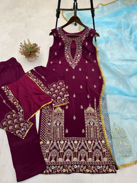 DESIGNER WEAR TOP WITH KOTI SEQUANCE  EMBROIDERED WORK AND PANT WITH DUPATTA