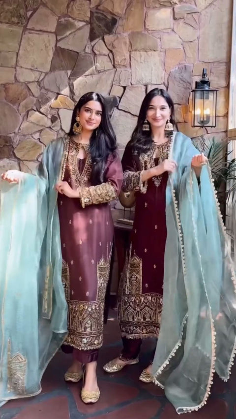 DESIGNER WEAR TOP WITH KOTI SEQUANCE  EMBROIDERED WORK AND PANT WITH DUPATTA