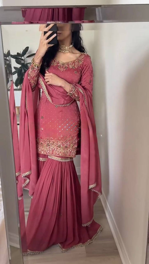 New Designer  In Gold Crush With Heavy Embroidery Sequence Work Top-Sharara And Dupatt