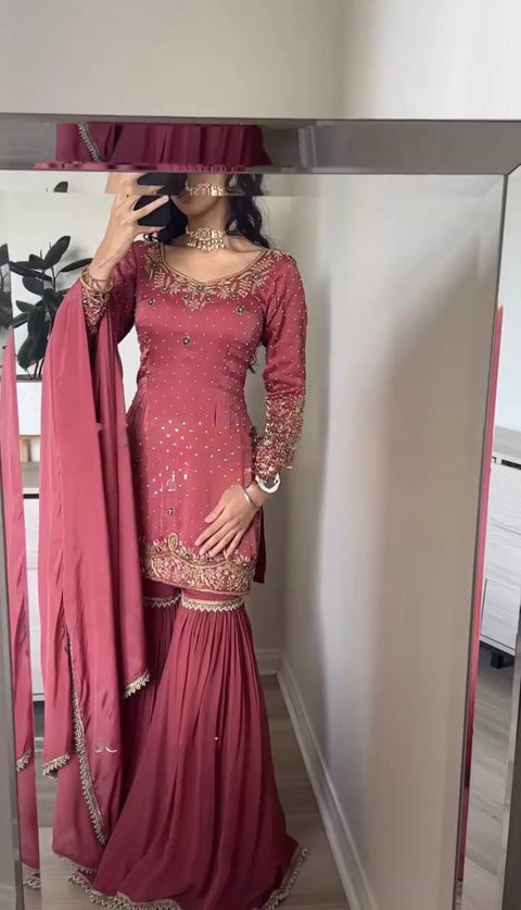 New Designer  In Gold Crush With Heavy Embroidery Sequence Work Top-Sharara And Dupatt
