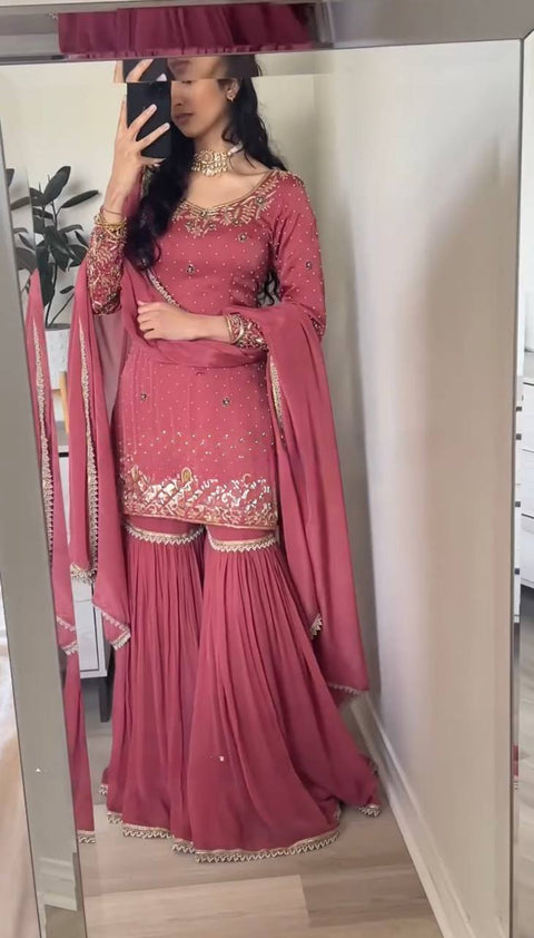 New Designer  In Gold Crush With Heavy Embroidery Sequence Work Top-Sharara And Dupatt