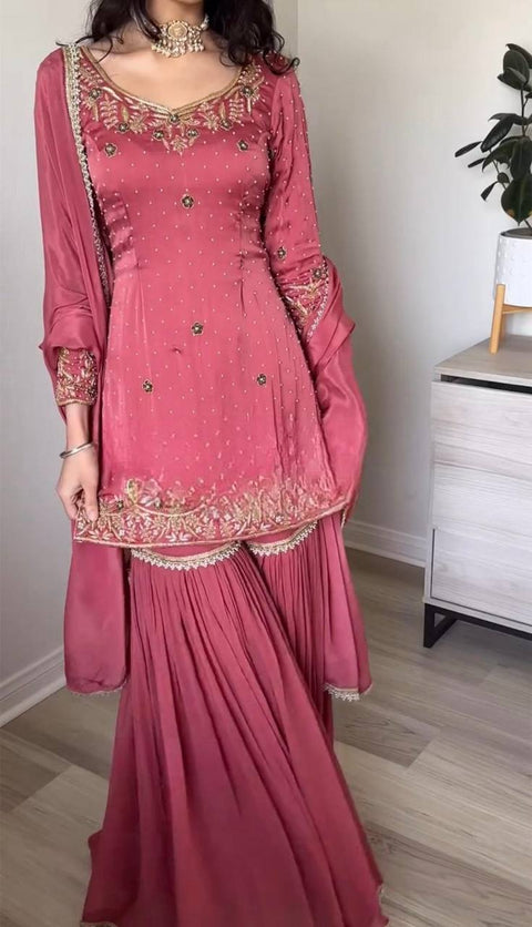 New Designer  In Gold Crush With Heavy Embroidery Sequence Work Top-Sharara And Dupatt
