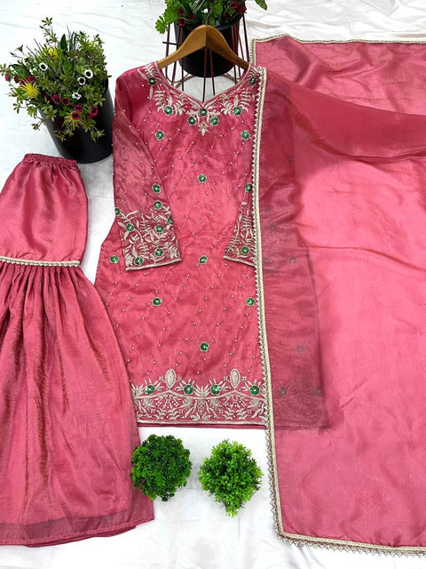 New Designer  In Gold Crush With Heavy Embroidery Sequence Work Top-Sharara And Dupatt
