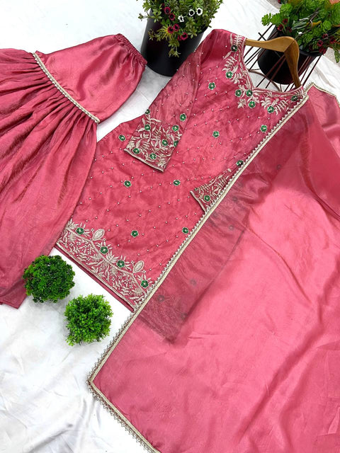 New Designer  In Gold Crush With Heavy Embroidery Sequence Work Top-Sharara And Dupatt
