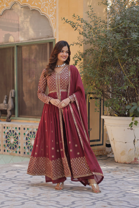 Faux Georgette With Embroidered Georgette A-Line Kurta With Bottom and Dupatta