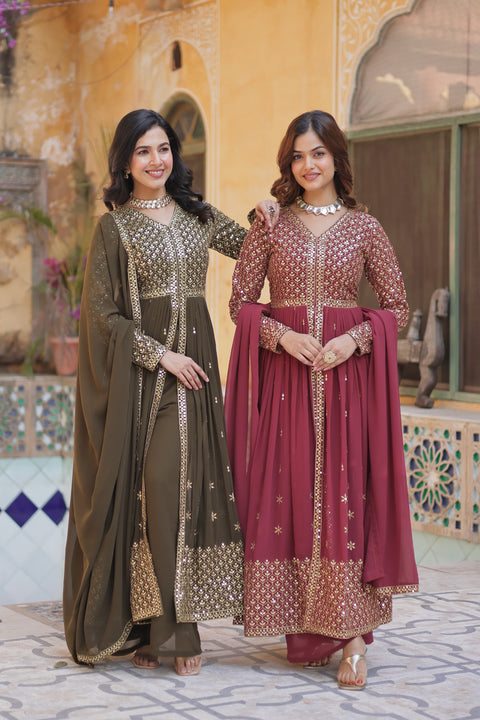 Faux Georgette With Embroidered Georgette A-Line Kurta With Bottom and Dupatta