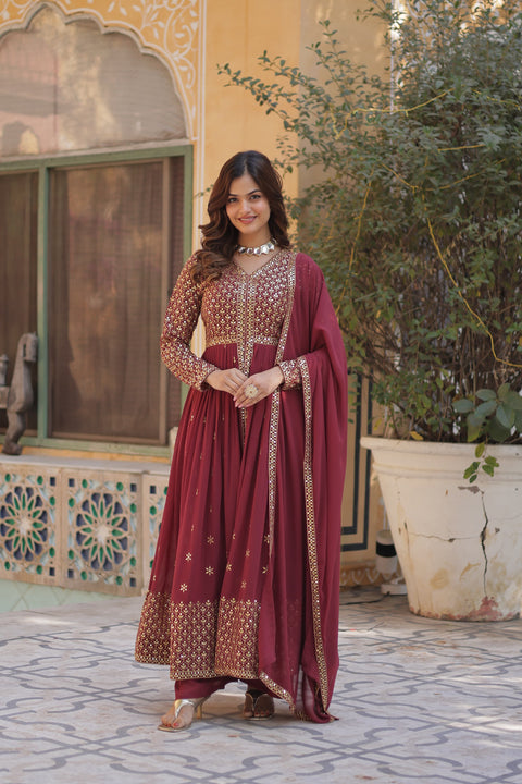 Faux Georgette With Embroidered Georgette A-Line Kurta With Bottom and Dupatta