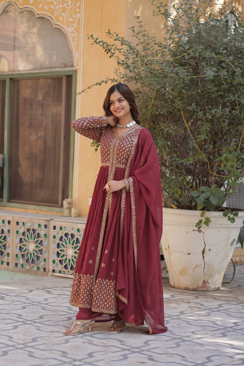 Faux Georgette With Embroidered Georgette A-Line Kurta With Bottom and Dupatta