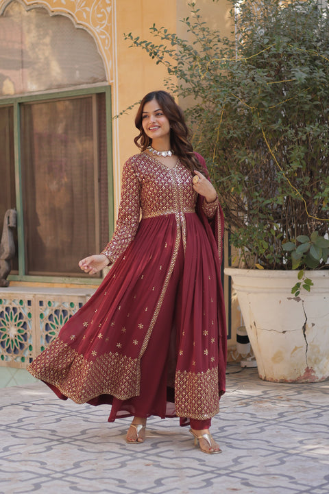 Faux Georgette With Embroidered Georgette A-Line Kurta With Bottom and Dupatta