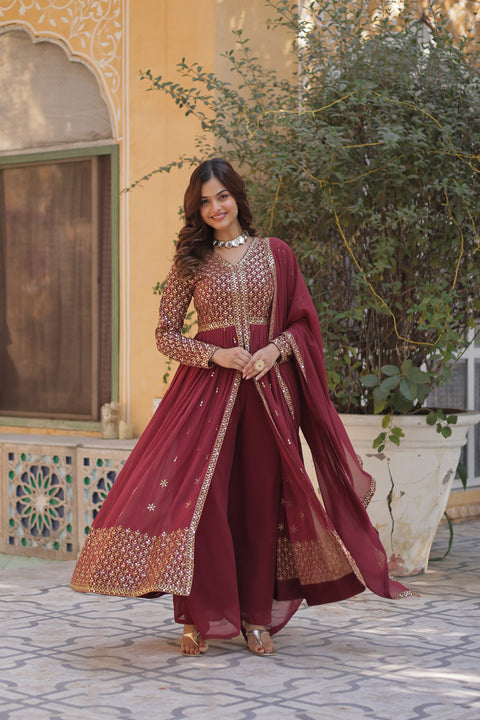 Faux Georgette With Embroidered Georgette A-Line Kurta With Bottom and Dupatta