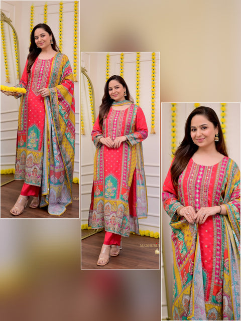 women Printed&Embroidered Kurta and Pant set with Dupatta