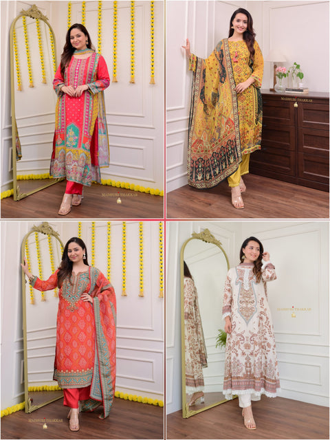 women Printed&Embroidered Kurta and Pant set with Dupatta