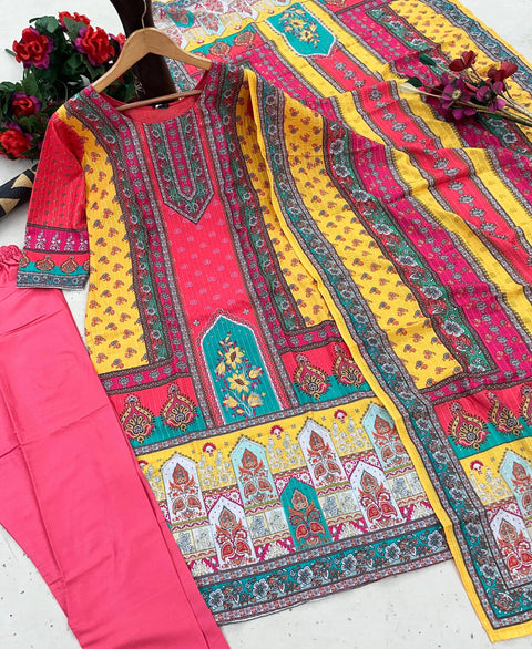 women Printed&Embroidered Kurta and Pant set with Dupatta