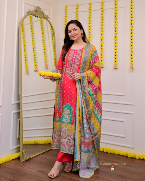 women Printed&Embroidered Kurta and Pant set with Dupatta