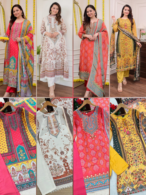 women Printed&Embroidered Kurta and Pant set with Dupatta