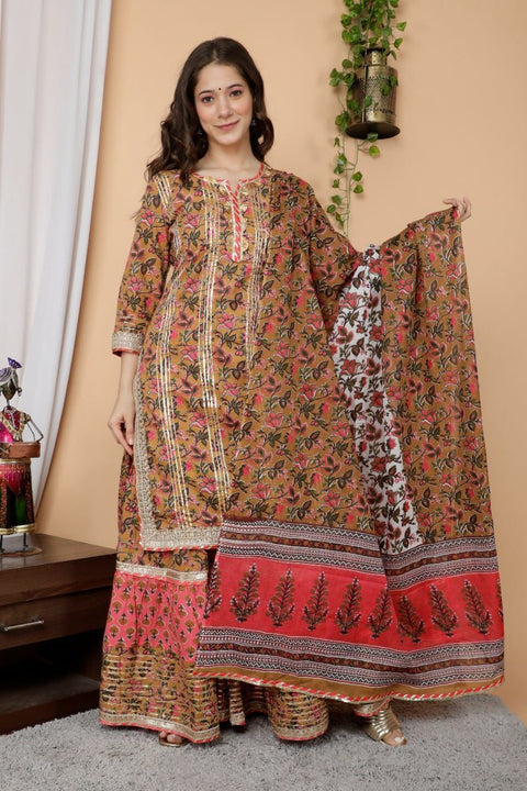 WOMEN'S COTTON KURTA AND SHARARA SET HEAVY GOTTA WORK WITH DUPATTA
