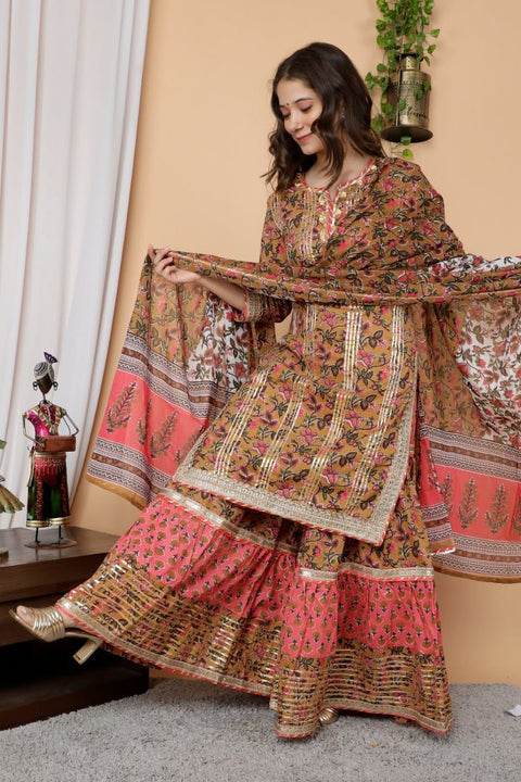 WOMEN'S COTTON KURTA AND SHARARA SET HEAVY GOTTA WORK WITH DUPATTA