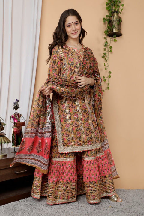 WOMEN'S COTTON KURTA AND SHARARA SET HEAVY GOTTA WORK WITH DUPATTA