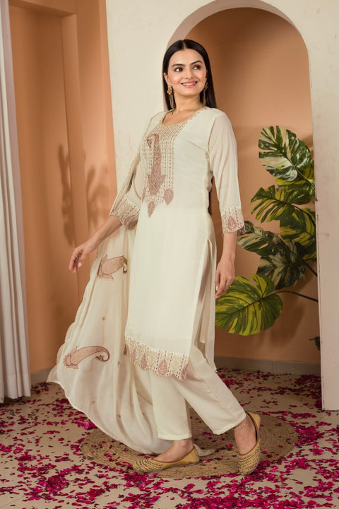 Women's Fox georgette Embroidered Straight Kurta with Bottom and Dupatta