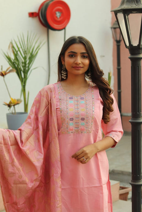 women Heavy Roman Silk fabric  straight kurta trousers with dupatta