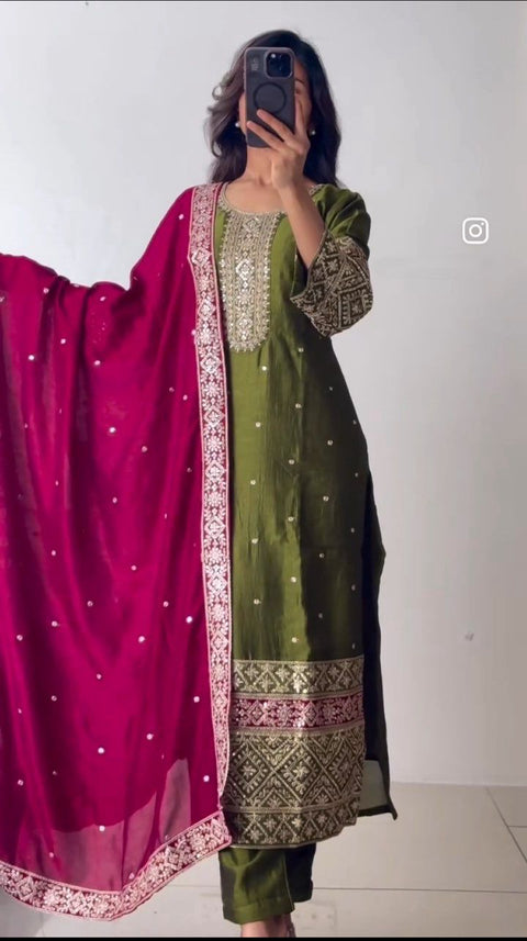 Launching New Đěsigner Party Wear Look Pure Vichitra Silk Top Bottom & Dupatta Set