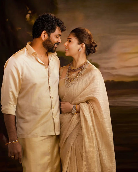 Traditional Nayanthara inspired tissue silk saree