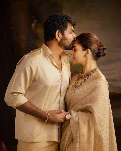 Traditional Nayanthara inspired tissue silk saree