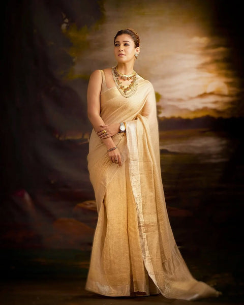 Traditional Nayanthara inspired tissue silk saree