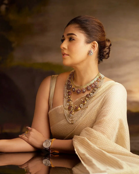 Traditional Nayanthara inspired tissue silk saree