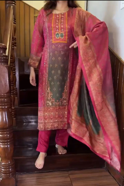 Embroidered Beautiful Heavy Work Kurti, Pant and Dupatta suit.