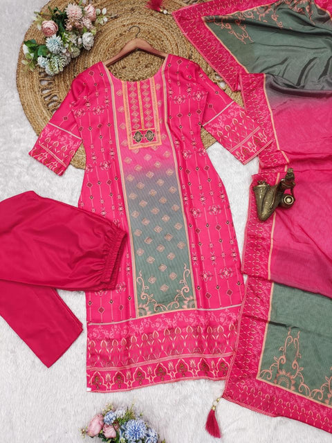 Embroidered Beautiful Heavy Work Kurti, Pant and Dupatta suit.