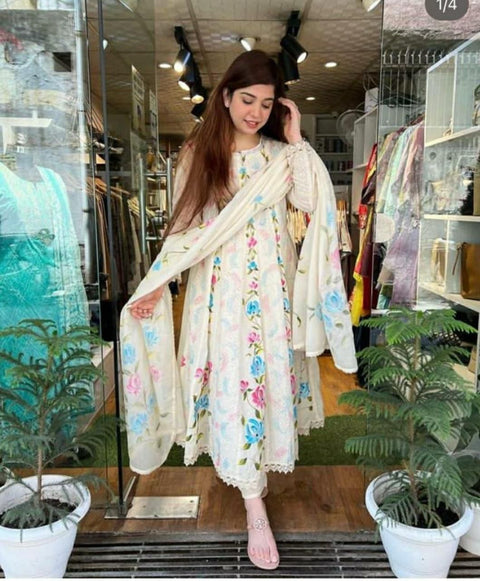 Hand Brush Paint Chikankari Kurti Pant suit with Dupatta