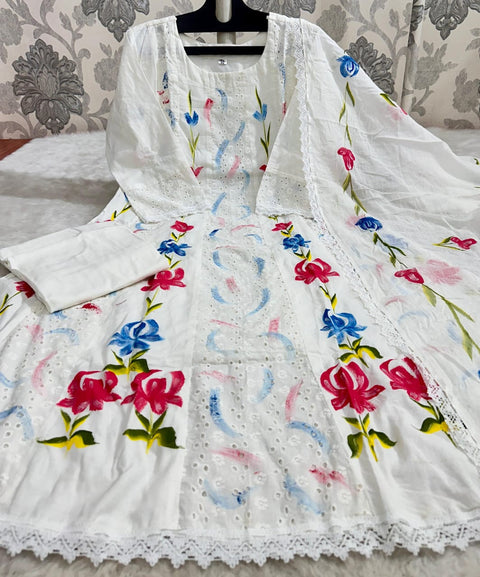Hand Brush Paint Chikankari Kurti Pant suit with Dupatta