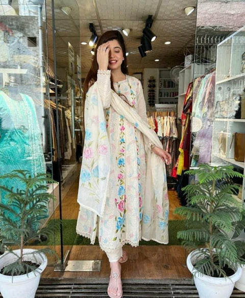 Hand Brush Paint Chikankari Kurti Pant suit with Dupatta