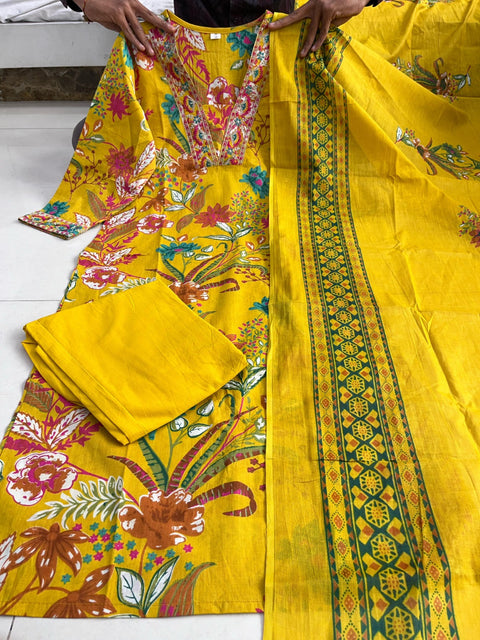 Stylish Neck Design Cotton Kurti Pant with Dupatta Set