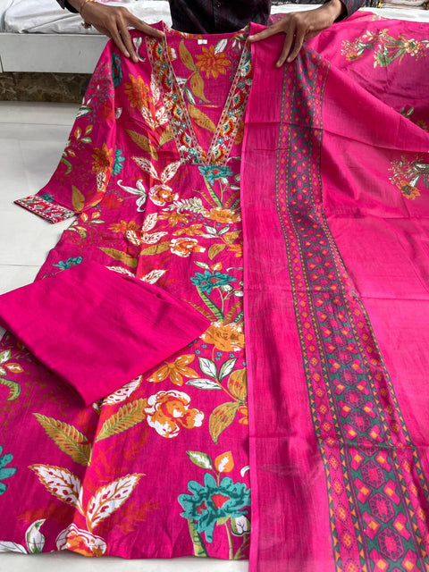 Stylish Neck Design Cotton Kurti Pant with Dupatta Set