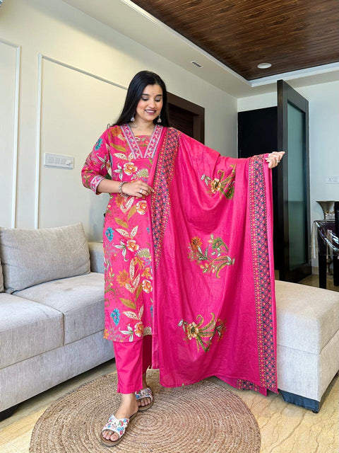 Stylish Neck Design Cotton Kurti Pant with Dupatta Set