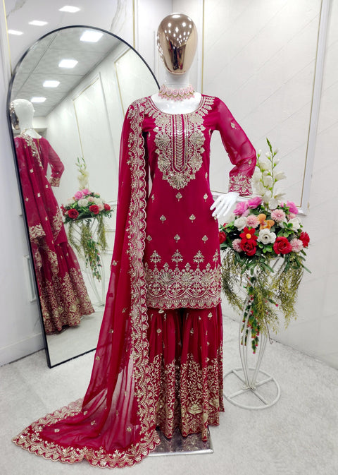 Presenting New Fox Georgette Top-Sarara and Dupatta Set Fully Stitched Ready To Wear