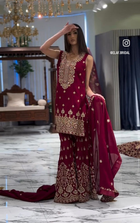 Presenting New Fox Georgette Top-Sarara and Dupatta Set Fully Stitched Ready To Wear