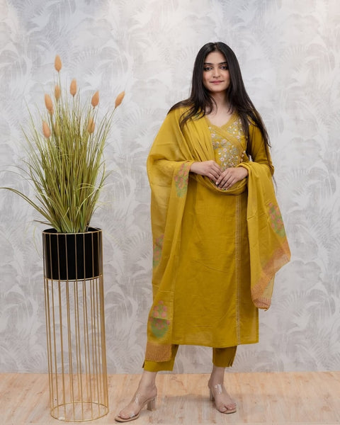Embroidered Cotton Blend Kurti Pant with Dupatta Suit