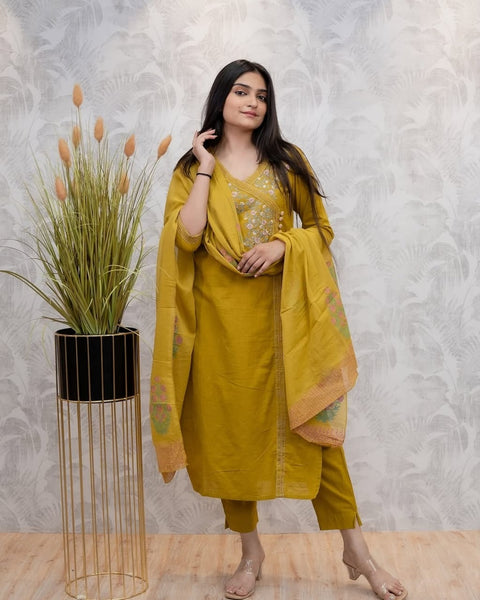Embroidered Cotton Blend Kurti Pant with Dupatta Suit