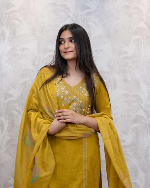 Embroidered Cotton Blend Kurti Pant with Dupatta Suit