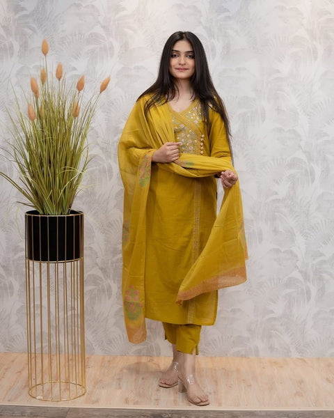 Embroidered Cotton Blend Kurti Pant with Dupatta Suit
