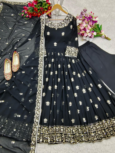 Georgett  With Embroidery  Gown -Pent  Dupatta Set