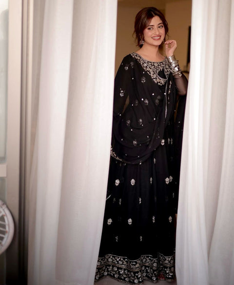 Georgett  With Embroidery  Gown -Pent  Dupatta Set