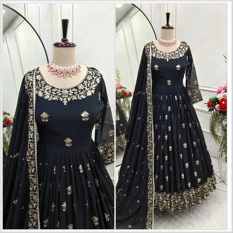 Georgett  With Embroidery  Gown -Pent  Dupatta Set