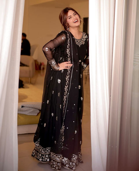 Georgett  With Embroidery  Gown -Pent  Dupatta Set